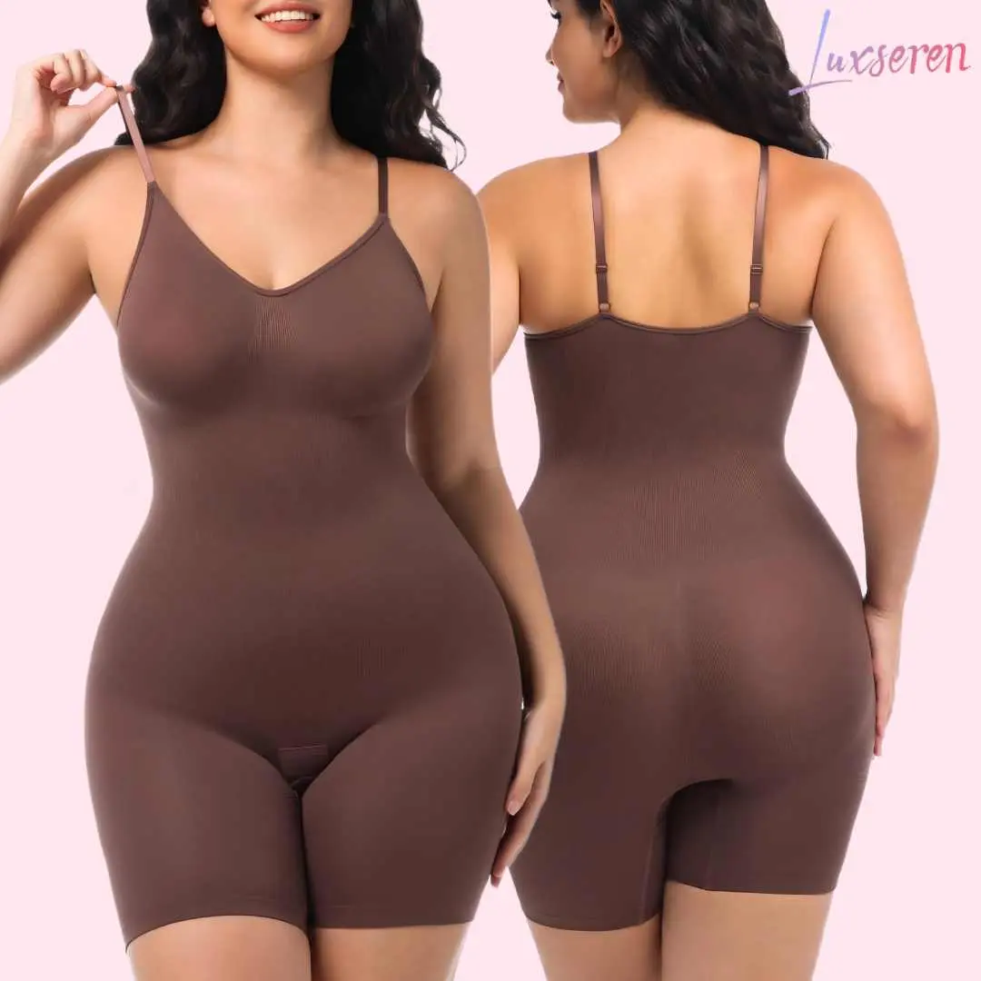 LUXSEREN Women's Nylon-Elastane Seamless Strappy High Waist Plain Wireless Bodysuit - Buckle-Free, Tapeless, Fitted, Body-Hugging, Hip-Lifting, Tummy-Slimming, Secure-Fit Minimalist 1-Piece Scoop Neck Underwear for Smooth Silhouette, All-Day Support