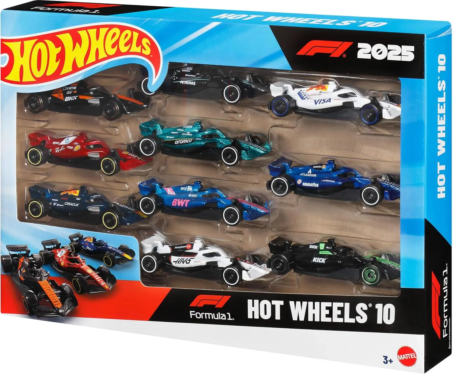 Formula 1 2025 10-Pack | Set of 10 1:64 Scale Die-Cast Toy Racecars Representing Each F1 Racing Team, Authentic Details for Play or Display