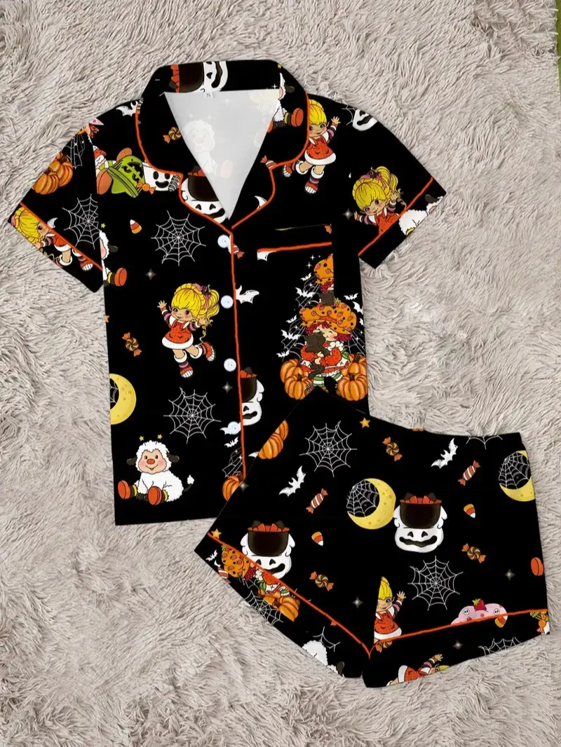 Women's Halloween Cartoon Strawberry Pajama Set, Cute Funny 2-Piece Short Sleeve Sleepwear Loungewear, Fun Halloween Gift