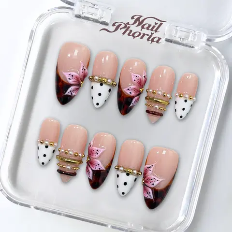 NailPhoria VINTAGE PEONY -SUMMER Handmade Press-On Nails | Reusable, Salon-Quality, Long-Lasting, Glossy Design