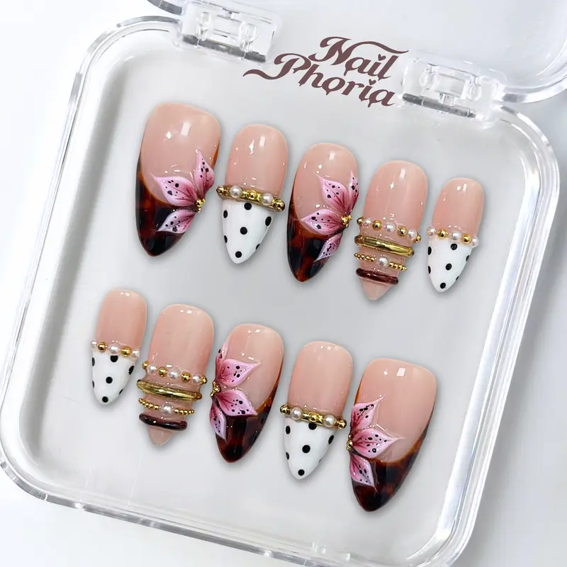 NailPhoria VINTAGE PEONY -SUMMER Handmade Press-On Nails | Reusable, Salon-Quality, Long-Lasting, Glossy Design