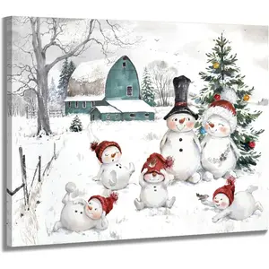 Qesonoo Snowman Decor Christmas Wall Art Canvas: Winter Scene Pictures Prints - Farmhouse Christmas Decorations Painting - Framed Christmas Artwork for Walls 15"x12"