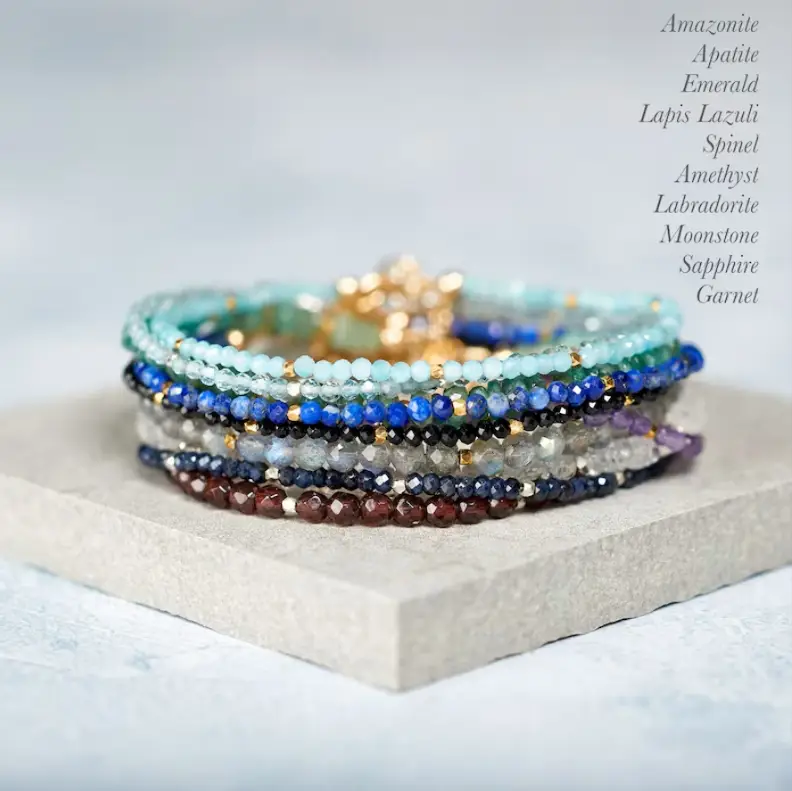 Natural Dainty Multi-Gemstone Tiny Beads Crystal Healing Charka Crystal Gold-Plated Chain Minimalist Bracelet Gift for Women (24 Types)