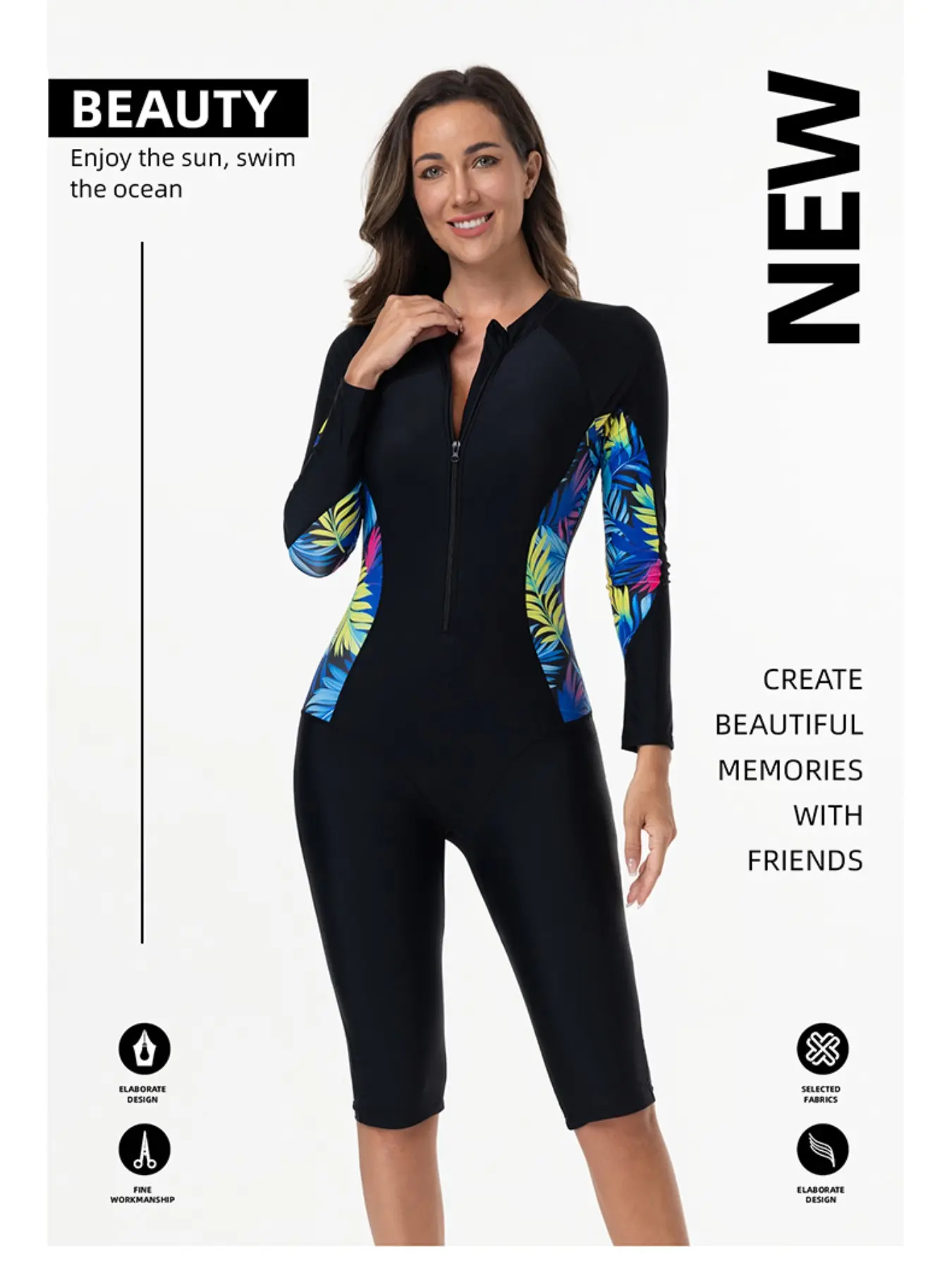 Women's Long Sleeve One-Piece Swimsuit, Modest Swim Suit, Tropical Print Swimsuit, Quick-Dry, Stretch Swimwear for Swimming Racing Surfing Snorkeling, Slimming Design, Quick Drying Swimsuit