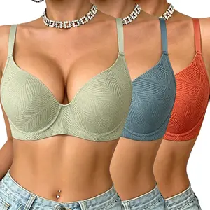 3pcs Solid Jacquard Underwire Bra Set - Womenswear Everyday Luxurious, Push Up for EnhancedCleavage-Comfortable, Seamless & Supportive - Adjustable,Sexy Wired Bras,Breathable Lingerie for Daily Wear- Women's Intimate Collection