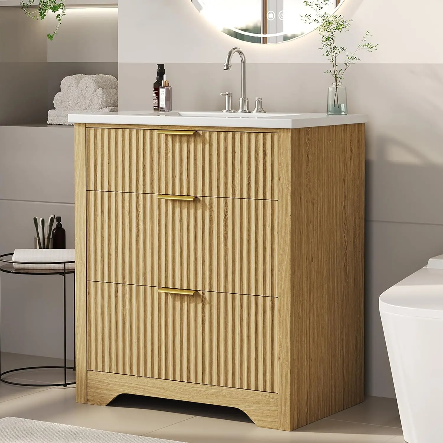 Fluted Bathroom Vanity with Sink, Farmhouse Freestanding Bathroom Sink Cabinet with 2 Drawers & 1 Flip-Down Drawer, Easy Assembly & Cleaning