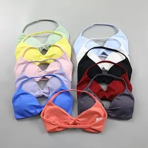 sport underwear Impact Strappy Bra Women Ruched Halter Neck Workout Yoga Sports Bras Sexy Backless Seamless Gym Crop Top with Removable Pads Fitness Training Clothes Athletic Fitted