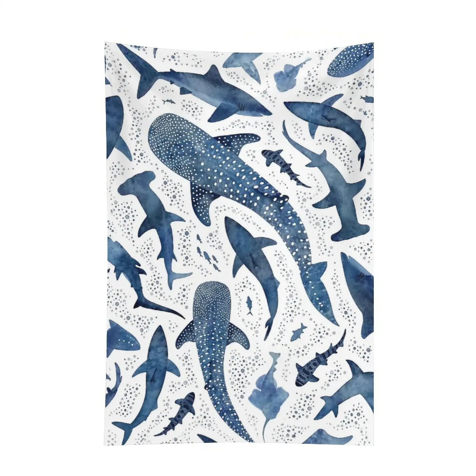 Blue Ocean Whale Shark Tapestry – Watercolor Shark and Sea Life Wall Hanging for Bedroom, Living Room, Nursery and Coastal Home Décor