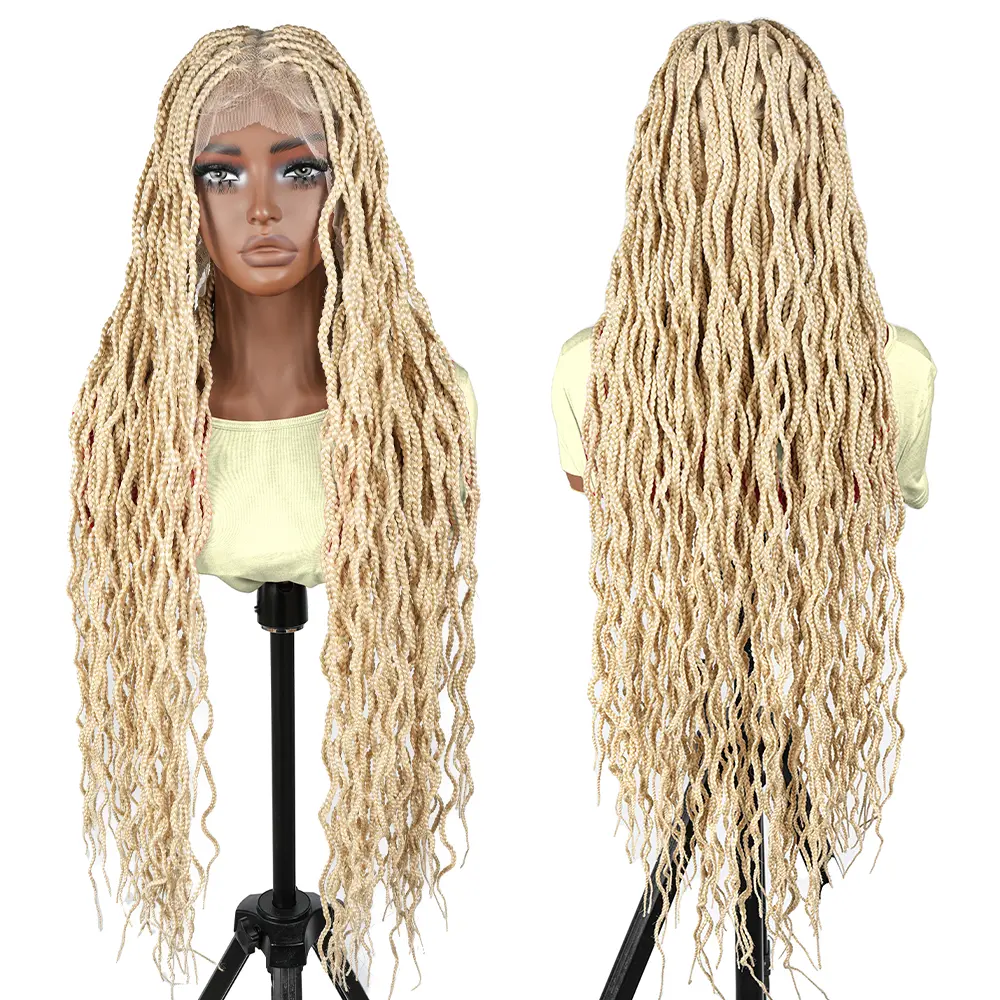 SuperNova #613 Blonde 36" Water Wave Box Braided Wig, Knotless Square Design, Full Handmade with Premium Synthetic Fiber, Lightweight, Natural Look, Protective Styling #SummerVibes