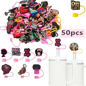 50pcs Vibrant Pink & Black Girl-Themed Straw Covers, Reusable 10mm PVC Cup Accessories With Empowering Messages - Perfect For Parties & Everyday Use