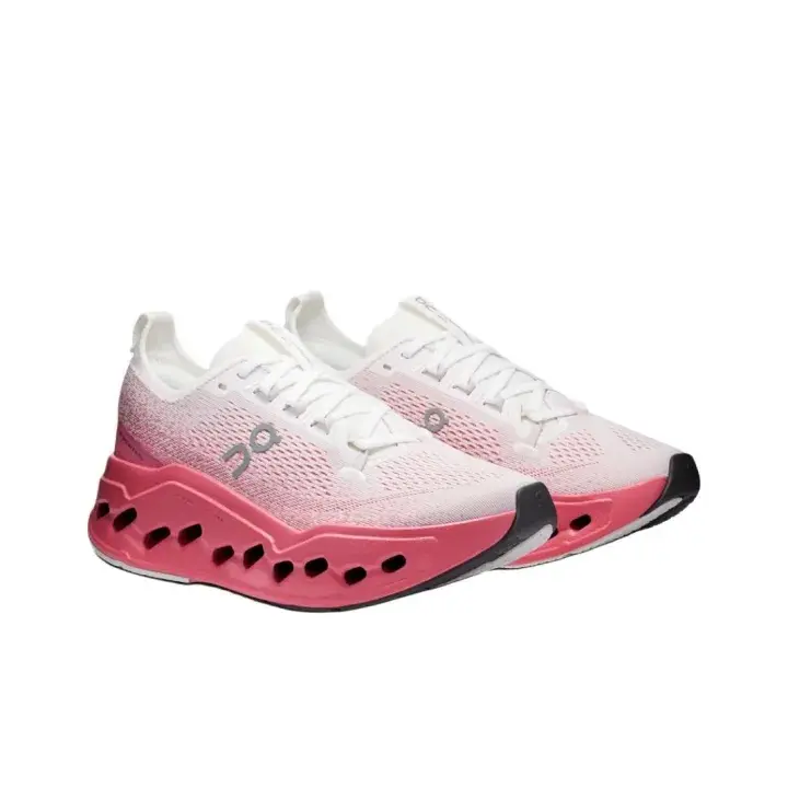 White Pink Gradient Knit Cloud Running Sneakers Breathable knit upper with delicate white-to-pink fade, iconic hollow cloud cushion midsole, soft feminine style, comfy and bouncy for women’s running and daily wear