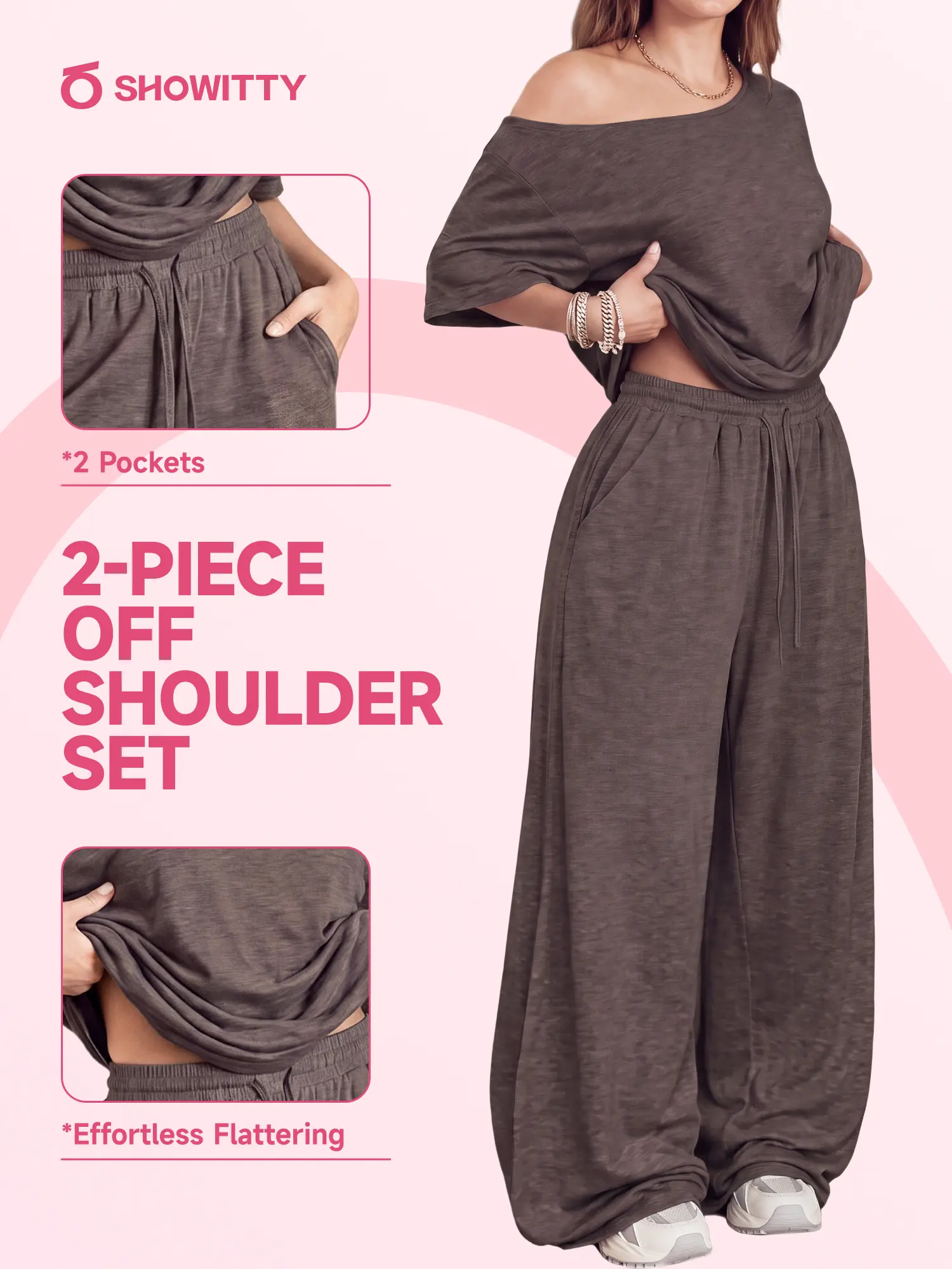 【Ready Together】Showitty Womens One Shoulder Top or 2 Piece Outfit, Drawstring Wide Leg Pants with Pockets Streetwear Set pajamas casual chic