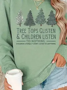 Women's Tree & Letter Print Drop Shoulder Sweatshirt, Casual Long Sleeve Round Neck Pullover for Fall & Winter, Ladies Clothes for Daily Wear
