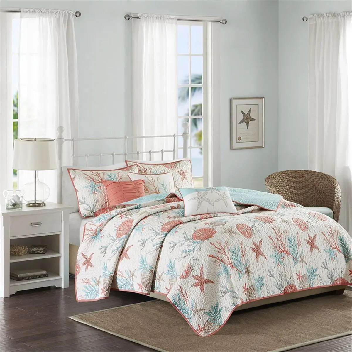 212 MAIN 6-Piece Cotton Sateen Printed Coverlet Set - Full/Queen Size, Starfish Coral & Ocean Motif, Cotton Weave, Coastal Theme, Beach Decor, Machine Washable