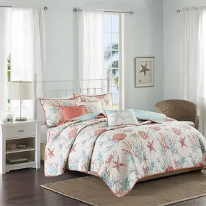 212 MAIN 6-Piece Cotton Sateen Printed Coverlet Set - Full/Queen Size, Starfish Coral & Ocean Motif, Cotton Weave, Coastal Theme, Beach Decor, Machine Washable