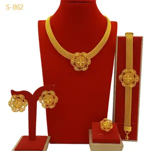 Dubai Gold Jewelry Middle East Women's Necklace Earring Ring Bracelet No-Fading Four-Piece Set
