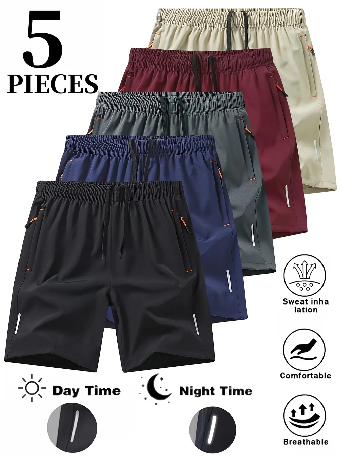 Mr.Pink Men's 5-Pack Dry-Fit Body-Fitting Solid Color Athleisure Gym Shorts - Mens Clothing, Breathable Bottoms with Zippered Pockets, Drawstring Waist, Multi-Size, Pocketed for Gym & Outdoor Wear,father'sdaygifts