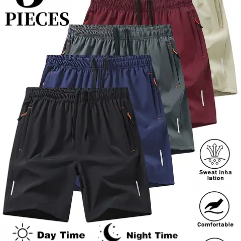 Men's 5-Pack Fitted Elastane Polyester Clothing Gym Shorts - Dry-Fit Solid Color Activewear, High Stretch, Zip Pocket, Drawstring Waist, Sporty Chic Athleisure Style,sohochic