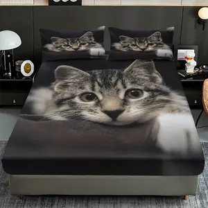 3pcs Fitted Sheet Set with Cute Little Tabby Cat on Black Background And Animal Theme Pattern on Brown Blanket, High-Definition Digital Printing with Deep Pockets, Breathable Fabric, Machine Washable in All Seasons, Breathable Sheets