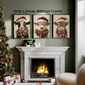 3Pcs/Set Optinal Frame Christmas Cow Canvas Poster, Christmas Wall Art, Highland Cow Christmas Decor, Santa Hat Farmhouse, Artwork Wall Painting For Gift, Wall Picture for Living Room, Bedroom, Dining Room, Dorm, Bathroom, Home and Office Wall Decor
