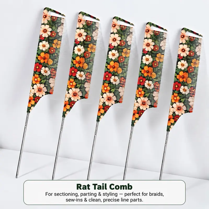 5 Pack Floral Rat Tail Comb | Anti-Static Steel Pin | Professional Hair Sectioning & Braiding Tool