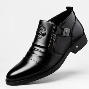 YANXIANSHOES Men's Black Embossed Leather Ankle Formal Shoes - Slip-On with Zipper, Rubber Sole, Winter Comfortable, Work Wear, Stylish Fathersdaygift Option, Style