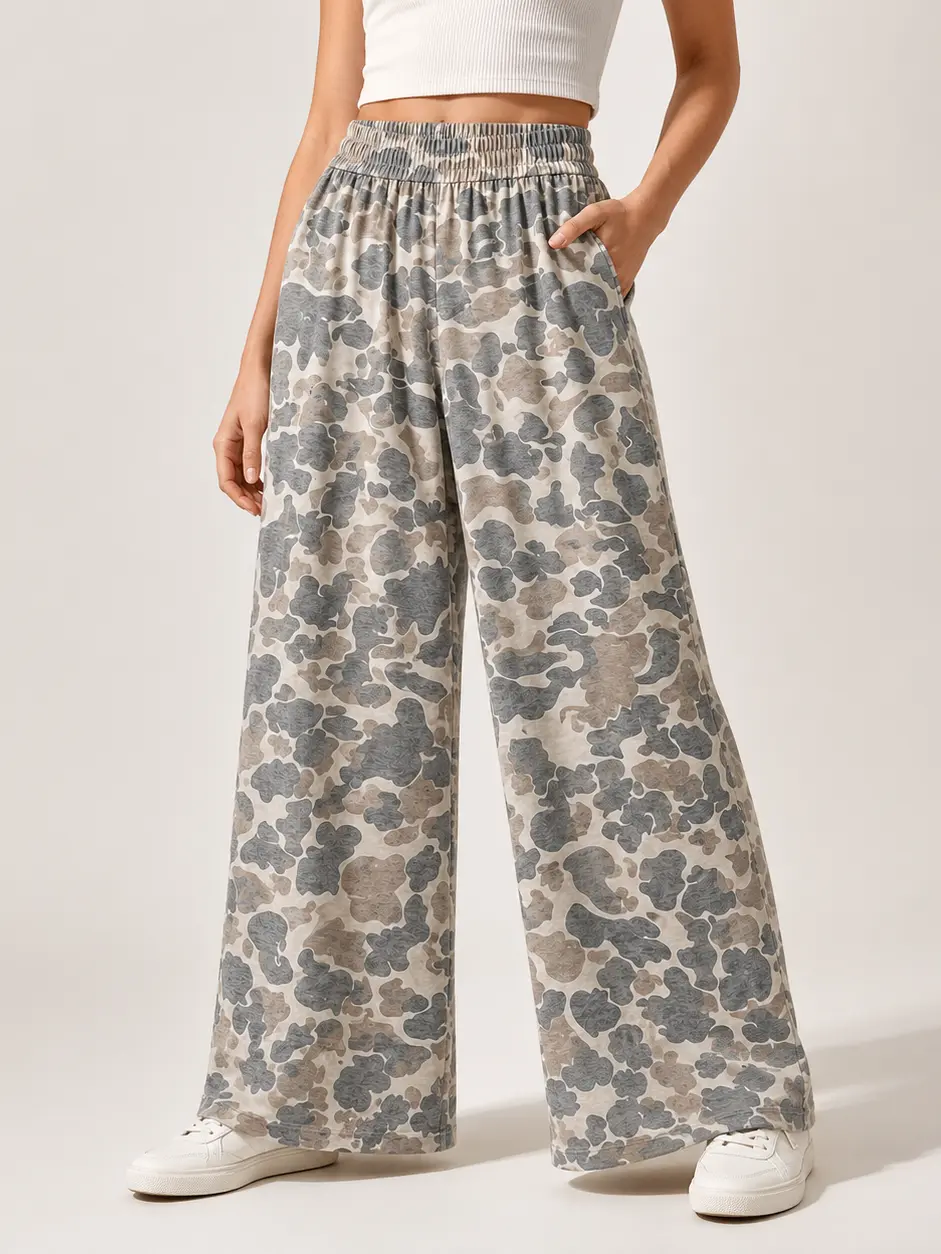 Women’s Camouflage Print High Waisted Wide Leg Pants - Casual High Waisted, Elastic Waist, Loose Fit, Comfy Daily Wear Bottoms for Streetwear Outfits, Travel
