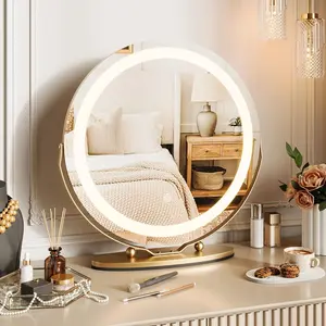 19 round vanity mirror with lights large makeup mirror with 3 color lighting dimmable smart touch control 360rotation vanity mirror for bedroom dressing room tabletop easy to install gold