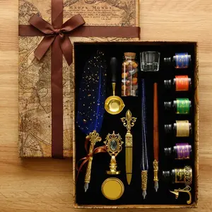 1 set Gilded flower bud feather pen set, including ink, British dipping feather pen, lacquer seal, dipping pen, etc., suitable for daily writing, Pen Calligraphy, retro themed party decoration, cultural and creative store display and other scenes