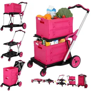 7-in-1 Foldable Utility Cart With Swivel Wheels,All Pink Upgrade 2 Layers Multifunctional Folding Cart For Grocery,Office,Warehouse,Garden,Organizer,Double Layers Foldable Shopping Cart,Folding Trolley for Luggage Heavy Duty