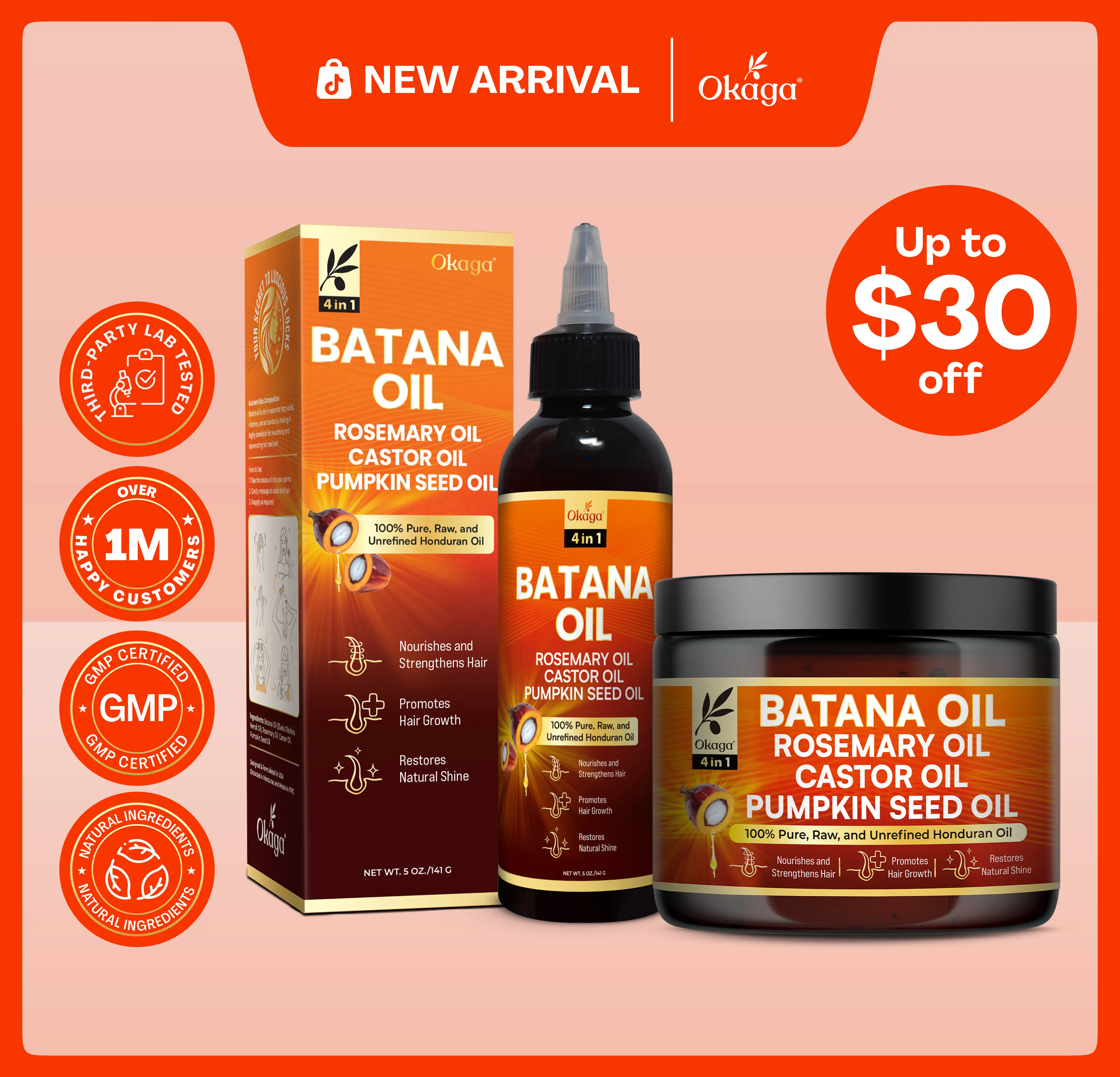 Okaga Hair Growth Set - 100% Organic & Natural Batana Oil with Rosemary, Castor, & Pumpkin Seed Oil - 4 in 1 Hair Growth & Scalp Health Support - (2 x 5 oz)