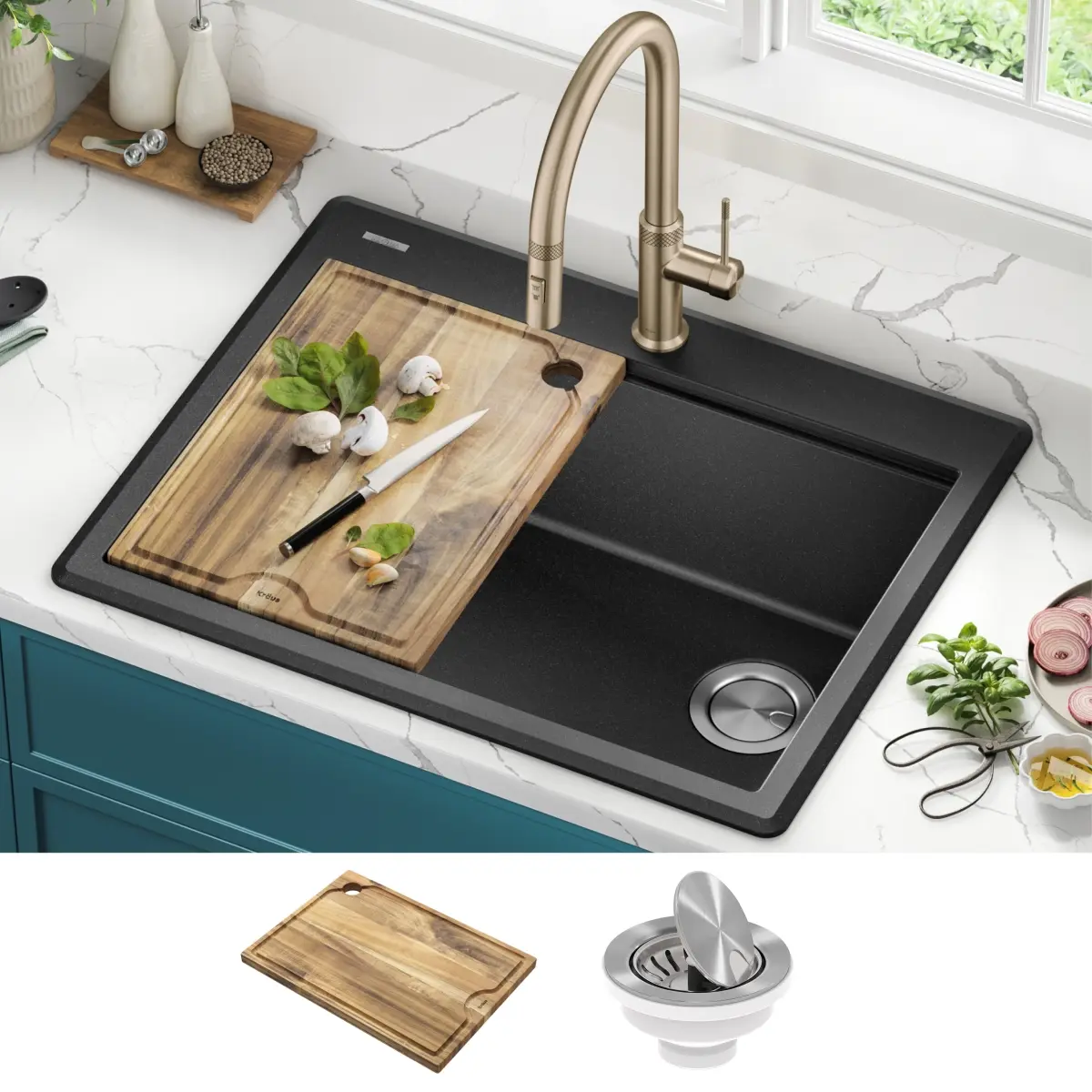 Kraus KGTW12-28MBL 28 in. Bellucci Granite Composite Workstation Drop-In Top Mount Single Bowl Kitchen Sink with Accessories, Metallic Black
