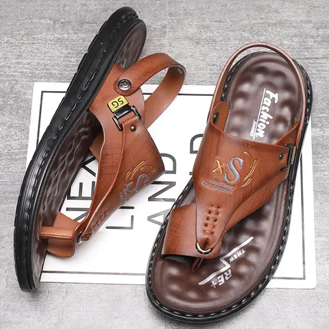 Men's Vintage Style Open-Toe Non-Slip Wedge Sandals - Breathable Synthetic PU Leather Slip-On Ankle Walking Shoes with Herringbone Design, Lightweight Rubber Waterproof Traction Summer Street Footwear, Non Slip Sandals