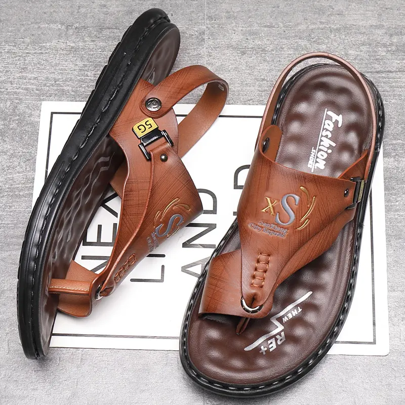 Men's Vintage Style Open-Toe Non-Slip Wedge Sandals - Breathable Synthetic PU Leather Slip-On Ankle Walking Shoes with Herringbone Design, Lightweight Rubber Waterproof Traction Summer Street Footwear, Non Slip Sandals
