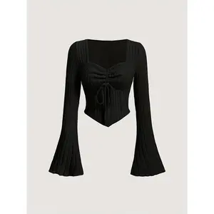 Ribbed Tie Front T-Shirt, Casual Ruched Flared Sleeve Top, Women's Clothing