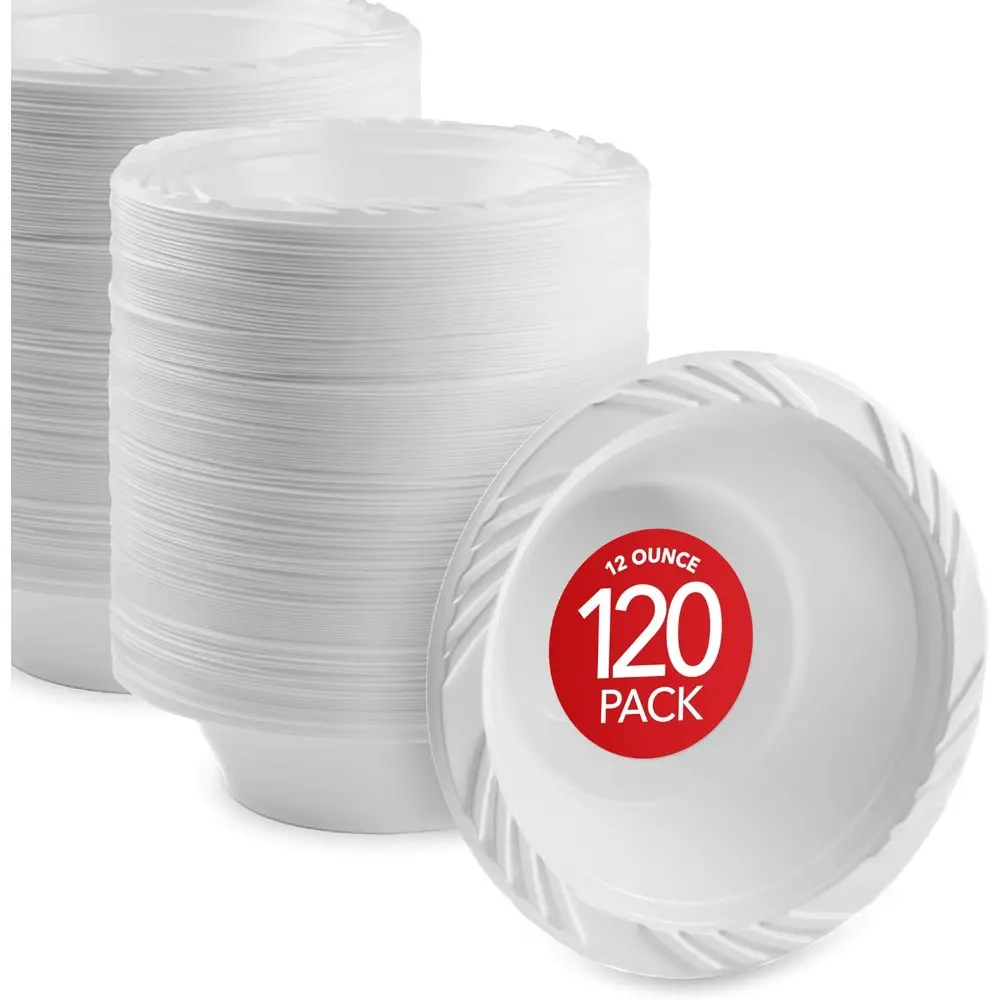 120-Pack 12 oz Elegant White Sturdy Disposable Plastic Bowls - Disposable Plates Set with Thick Walls, 20% Thicker, Versatile for Weddings, Soup, Salad, Dessert Serving