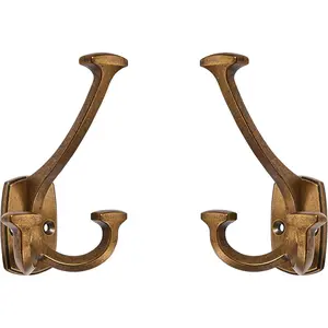 Large Wall Double-Sided Hook 5 Pack Antique Brass Hook Decorative Heavy Duty Solid Large Coat Hooks for Towel Hanging Coats Robe Towel Bags Door Back 2 Prong Hooks