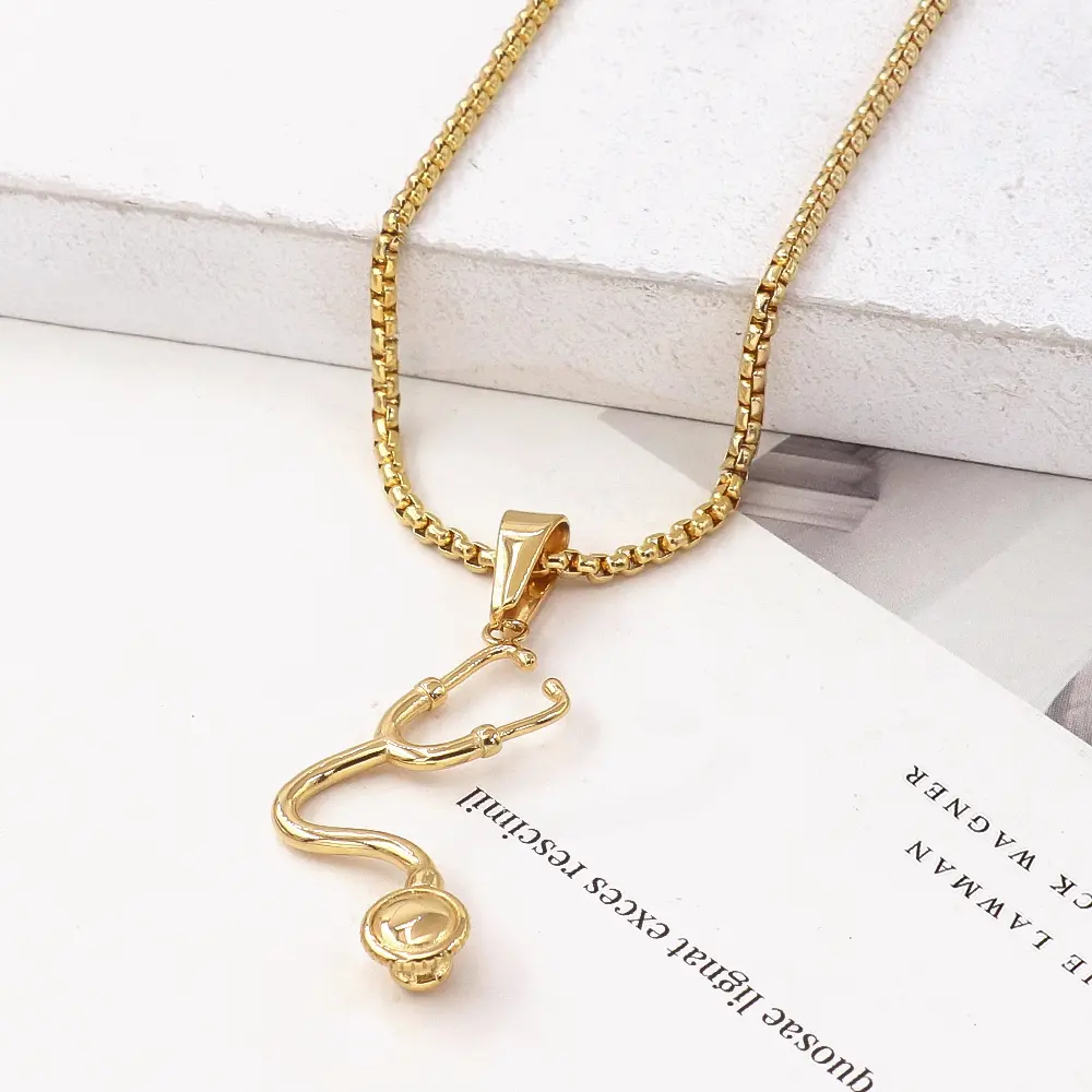 Unisex Gold-Tone/Silver-Tone Stethoscope Pendant Box Chain Necklace, Waterproof Stainless Steel, Durable Design, 26×26 mm Compact Chain Jewelry Necklaces, Casual Daily Accessory