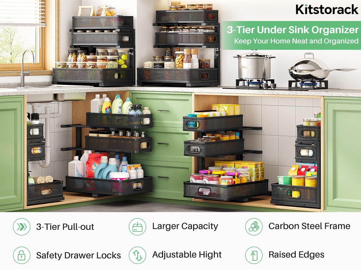 Kitstorack Under Sink Organizer, 2-Pack 3-Tier Height Adjustable Thickened Metal Pull out Cabinet Organizer Shelf, Slide out Storage Drawer Rack for Bathroom Kitchen Pantry Home Laundry Organization Kitstorack Under Sink Organizer, 2-Pack 3-Tier Height Adjustable Thickened Metal Pull out Cabinet Organizer Shelf, Slide out Storage Drawer Rack for Bathroom Kitchen Pantry Home Laundry Organization