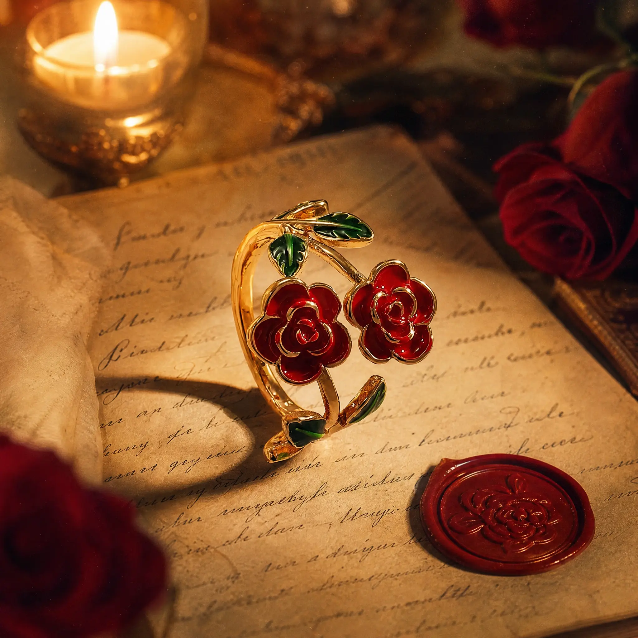 Women's Vintage Gold-Tone Enamel Red Rose Statement Ring - Open Adjustable Split Shank Open Band, Valentine’s Gift-Ready Costume Jewelry for Any Finger Size