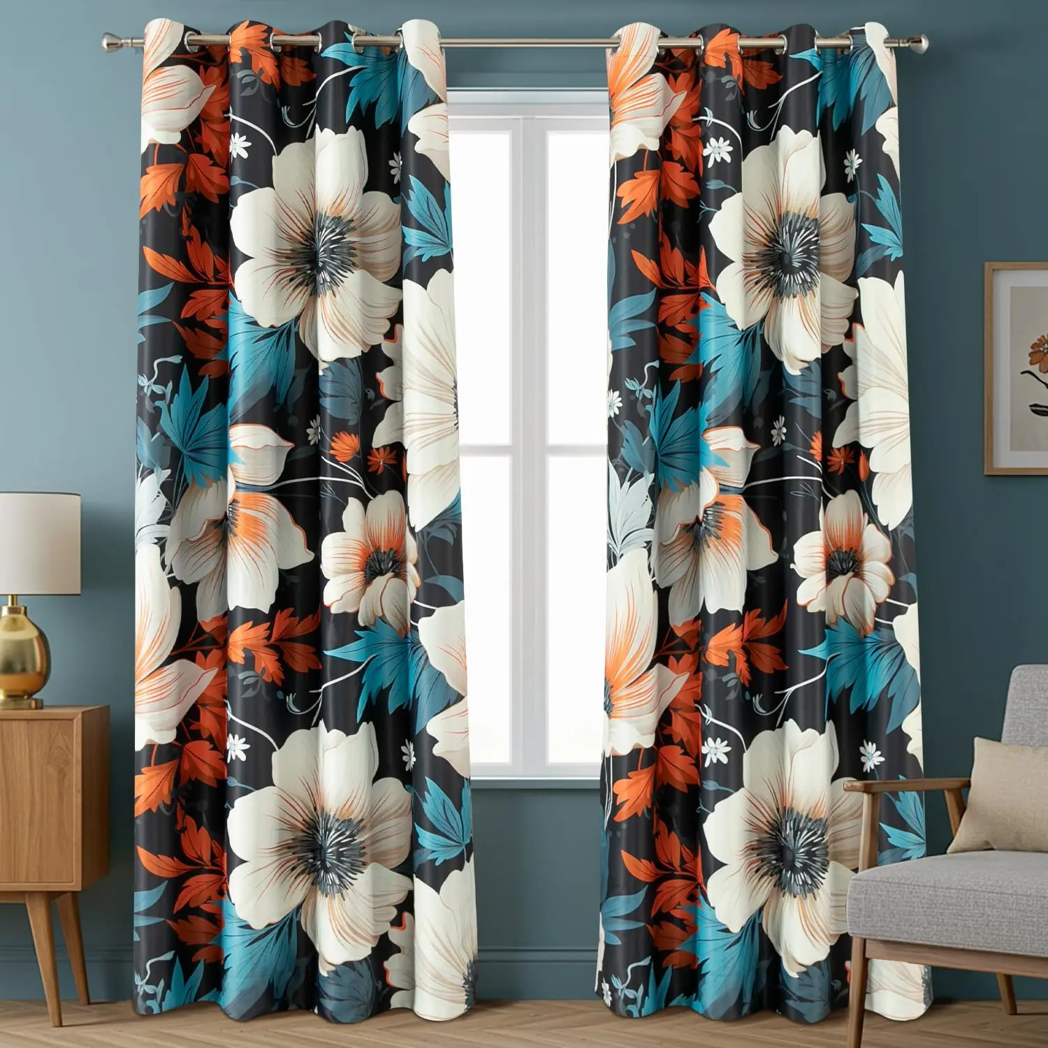VOGOL Farmhouse Floral Vibrant Flowers Boho Blackout Grommet Curtains - 2 Panels, 52x96in Thick Fabric Rustic Drapes, Durable Non-Bleachable, Machine Wash Easy, for Living Rooms Bedroom Window Decor
