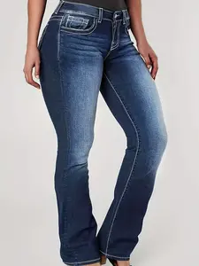 Button Jeans Triple Threat Tummy Control Flare Jeans Plus Size High Stretch Elastic High Waist Denim Women's Skinny Jeans Daily Wearing Casual Jeans Slim Fit Trousers Buttocks Sexy Large Size Women's Pants Light Blue Bottom