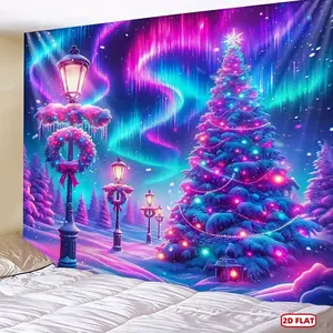 1pc Festive Christmas Tapestry - Vibrant, Psychedelic Winter Scene with Decorated Trees, Snowy Lights & Aurora Borealis - Polyester Wall Hanging Blanket for Home Decor, Christmas Decor