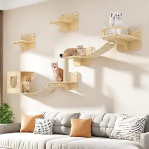 Cat Wall Shelves Set of 9 Wooden Cat Wall Shelf Furniture with Scratching Post House Condo Bridge Ladder for Multiple Cats