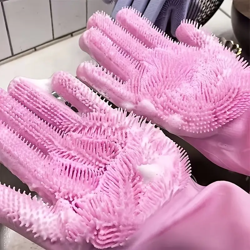 Silicone Gloves Rubber Dishwashing Glove High Temperature Resistant Home Kitchen Cleaning Pet Bathing Multi-Functional Reusable Durable Cleaning Gloves Household Cleaning Gloves Gloves For Washing Dishes