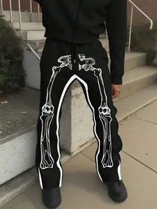 Men's Street Style Flare Pants, Lightweight Colorblock Drawstring Waist, Side Print Design, Classic, Casual Street Comfy, All Seasons Wear