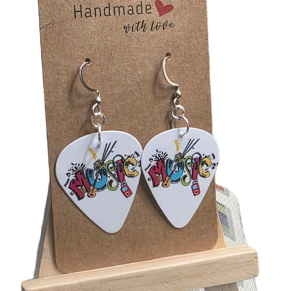 Retro Handmade Music Guitar Pics Earrings with Colorful 'Music' Design Handcrafted Hook Earrings for Music Lovers