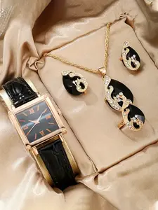 5-piece new fashion women's crocodile-patterned leather belt watch square Roman numeral student quartz wristwatch set