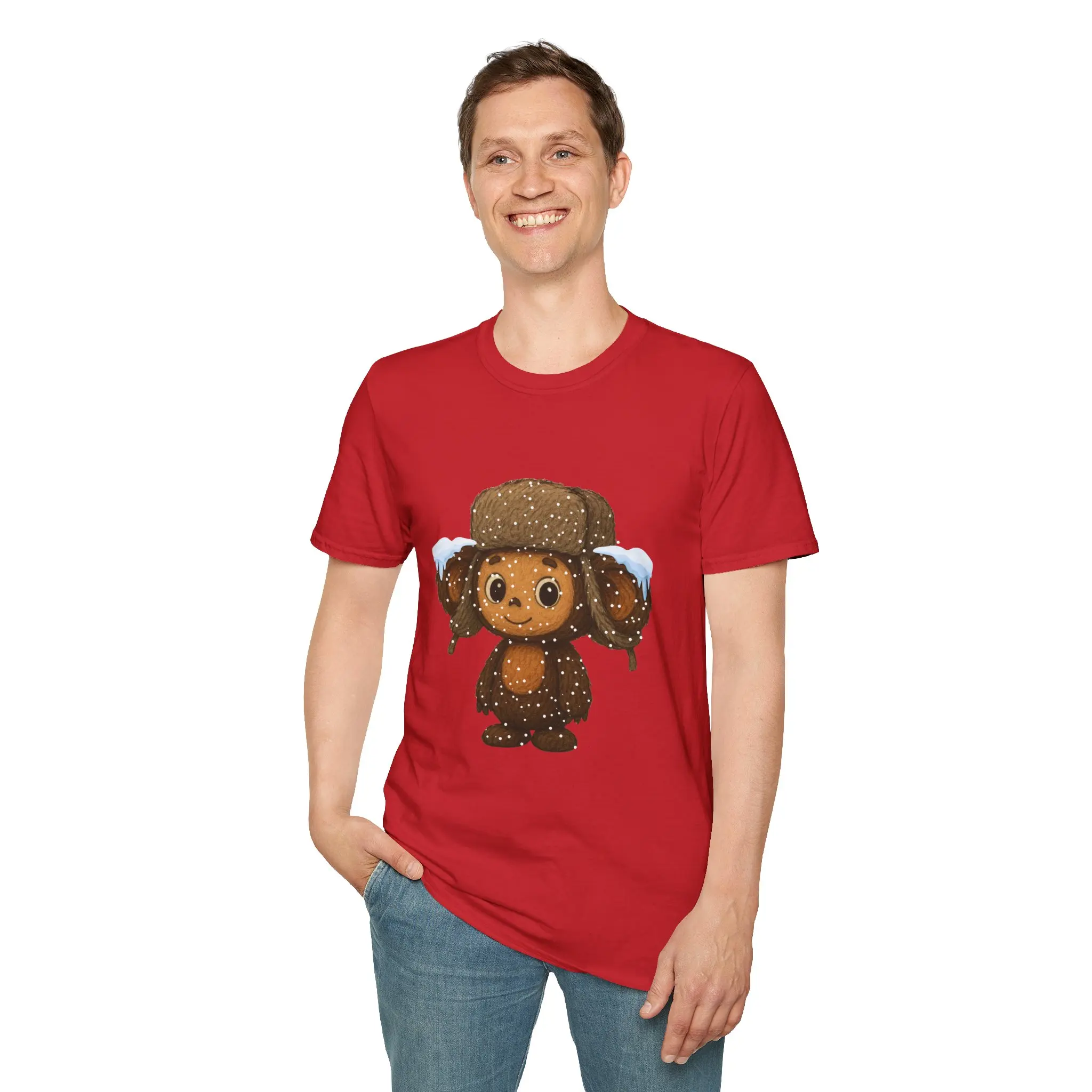 Cheburashka in a Winter Ushanka, New Year's Slavic Nostalgia T-Shirt, Christmas Gift Tee