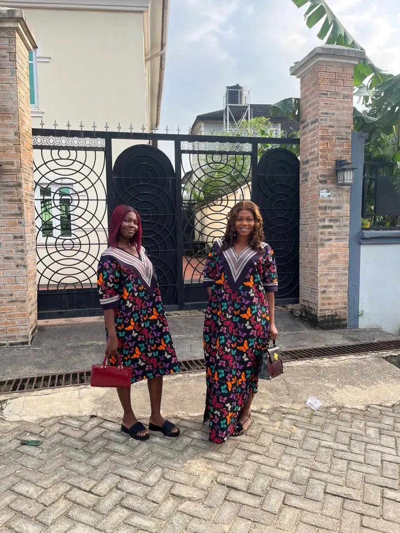 Elegant Butterfly Print Kaftan Maxi Dress for Women – Flowy V-Neck Long African-Inspired Gown